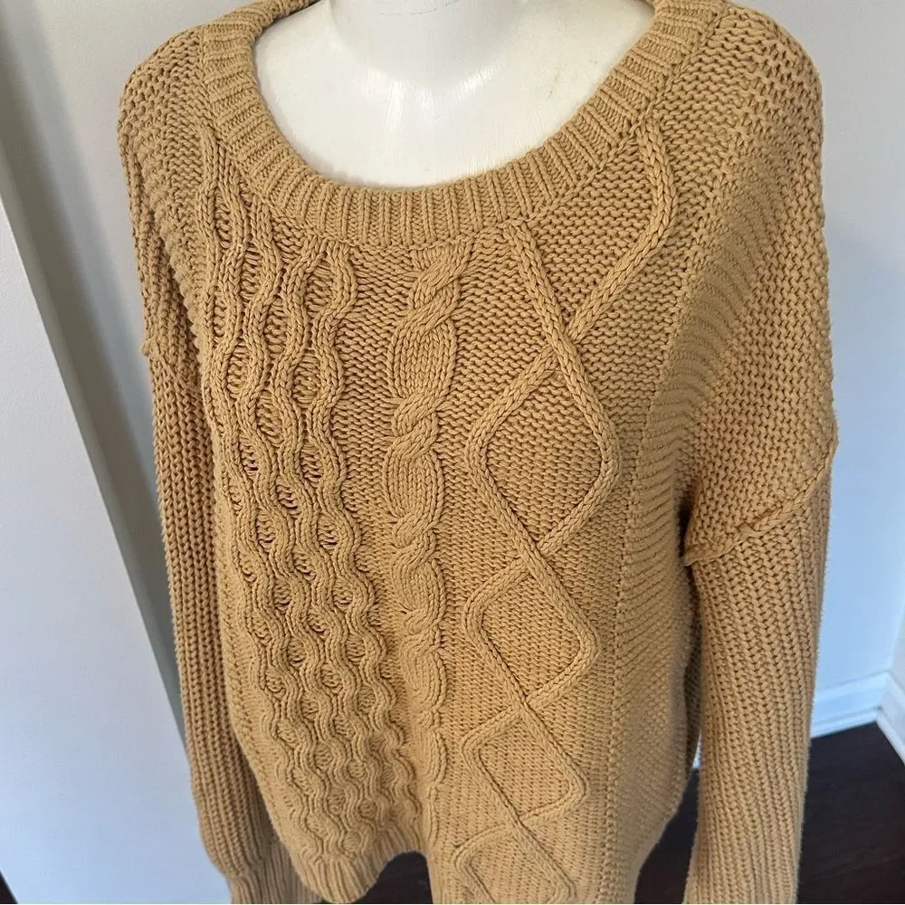 Free People Dream Cable Tan Crewneck Sweater L
